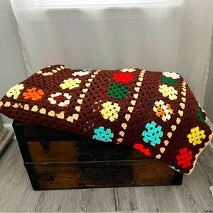 VTG Boho Retro Throw, Granny Square Afghan, Crochet Jewel-Tone Blanket 88” x 67”